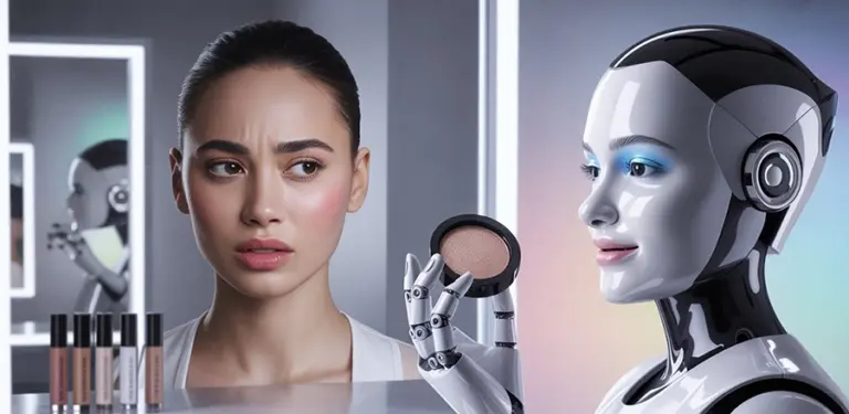 A human woman and an AI robot facing each other in a beauty product setting, illustrating the article's central question of whether AI-generated UGC creators can replace real people in advertising campaigns