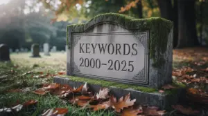 Mossy gravestone reading Keywords 2000-2025 in an autumn cemetery, illustrating the article's argument that keyword-centric PPC targeting has been displaced by intent-driven automation and Smart Bidding
