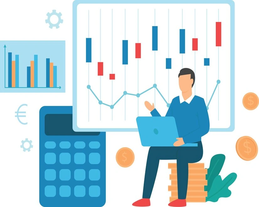 Illustration of a analyst sitting on a stack of coins with a laptop reviewing candlestick charts and a calculator representing the financial analysis behind deciding whether feed-only Performance Max fits a business model