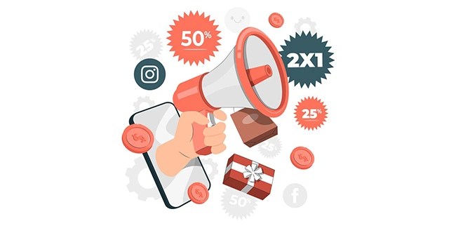 Illustration of a hand holding a megaphone out of a phone surrounded by discount tags and a gift box, representing referral bonus offers that encourage organic customer base growth