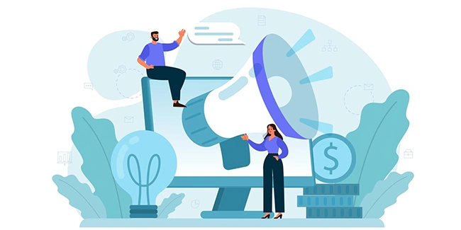 Illustration of two people using a megaphone on a monitor with a lightbulb and dollar coins, representing digital referral marketing as a cost-effective growth tool