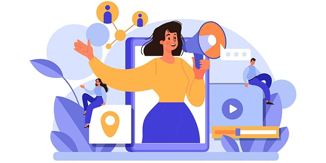 Illustration of a person with a megaphone on a phone screen with user network and video icons, representing Google Ads referral campaign formats including display and video ads