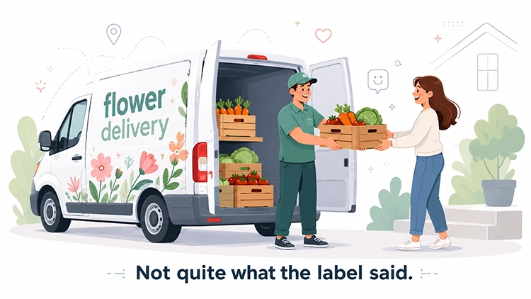 Illustration of a flower delivery van delivering vegetables with the caption Not quite what the label said. representing how GTG is often sold as server-side tracking when it only changes the route data travels