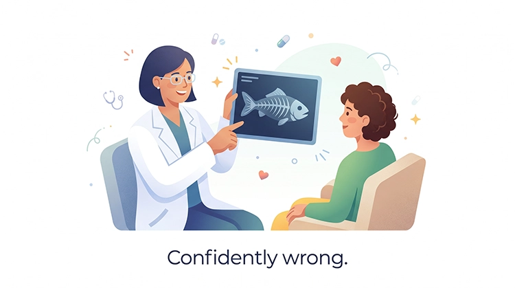 Illustration of a doctor confidently showing a fish skeleton x-ray to a patient with the caption Confidently wrong. representing how B2C budget pacing logic is applied with full confidence to B2B accounts where it simply does not fit
