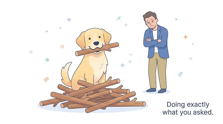 Illustration of a happy dog sitting on a pile of logs with a stick in its mouth while a frustrated person watches with the caption Doing exactly what you asked. representing how Google Ads pacing follows instructions literally even when the setup is wrong for B2B cycles