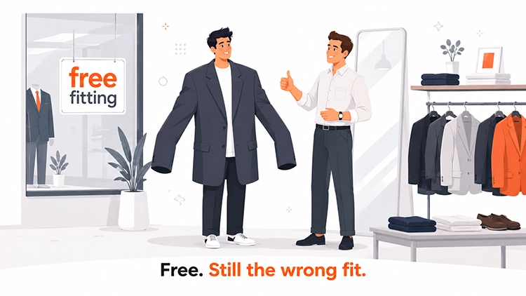 Illustration of a man wearing an oversized suit with a thumbs-up salesman and the caption Free. Still the wrong fit. representing how GTG costs nothing to set up but provides no measurable benefit for businesses that do not actually lose conversion data