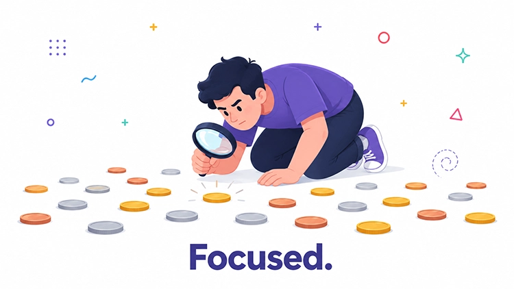 Illustrated person examining coins on the floor with a magnifying glass representing a focused audit of Google Ads spend and budget allocation