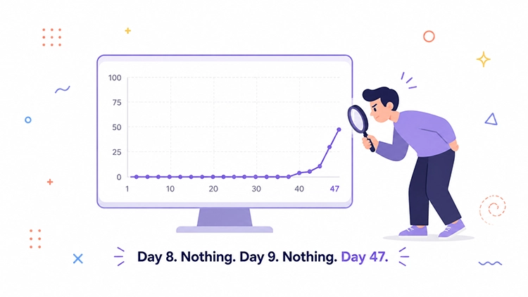 Illustration of a person examining a chart that stays flat until day 47 when it spikes, representing the realistic timeline for internal linking cluster changes to reflect in GSC rankings after restructuring category page support