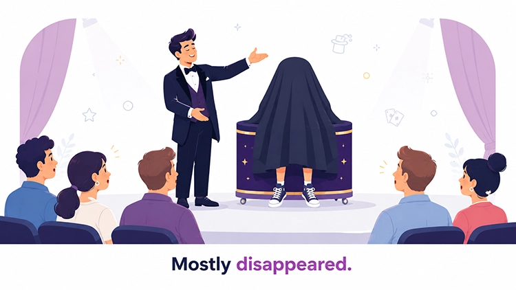 Illustration of a magician on stage with a covered figure and the caption Mostly disappeared. representing the myth that Google Tag Gateway makes tracking invisible to ad blockers when it only reduces data loss partially