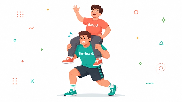 Illustration of a non-brand character carrying a brand character on his shoulders representing how non-brand PPC campaigns carry the budget weight