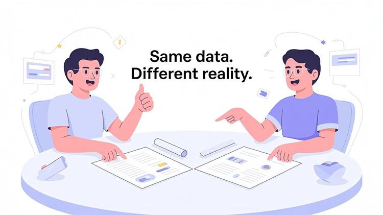 Illustration of two identical people reading the same data documents but drawing opposite conclusions with the caption Same data. Different reality. representing how B2B and B2C teams interpret Google Ads budget pacing signals differently
