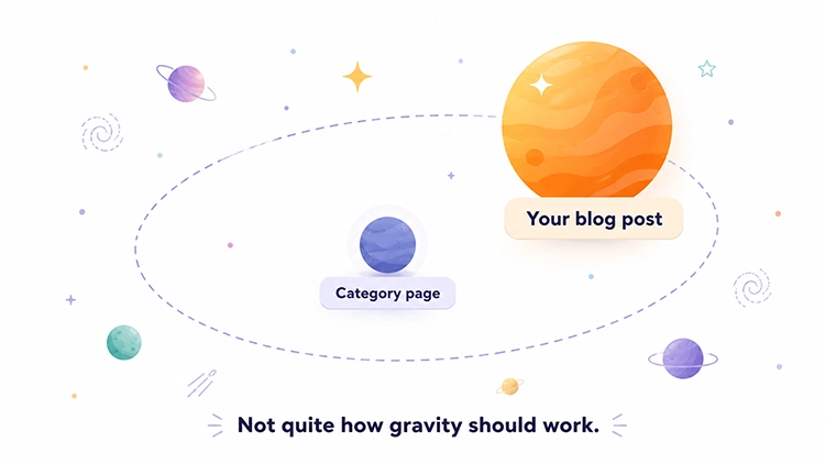 Diagram showing a large blog post planet orbiting a smaller category page planet with the caption "Not quite how gravity should work", illustrating the common ecommerce SEO mistake of letting informational content outrank and overshadow commercial category pages