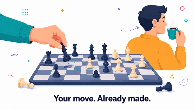 Illustration of a chess game where one player drinks coffee while the opponent already makes a move representing Google Ads automated bidding decisions made without the advertiser