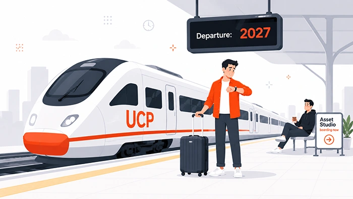 Illustration of a traveler checking his watch at a train station with a UCP train and a departure board showing 2027 representing how some GML 2026 features are not yet ready for mass adoption