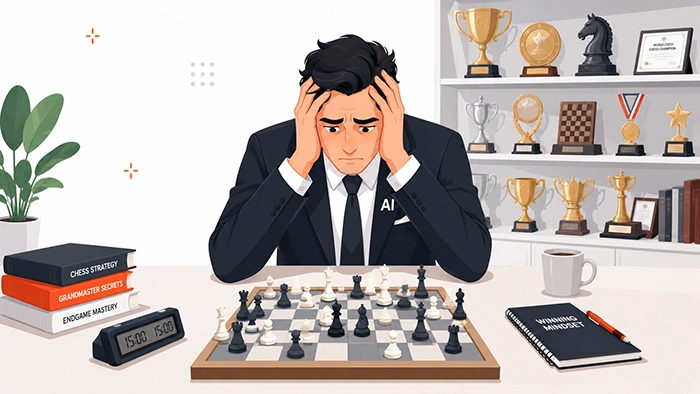 Illustration of an AI-branded chess player sitting stressed at a board surrounded by trophies and strategy books representing the challenge of deciding when and whether to adopt GML 2026 AI tools