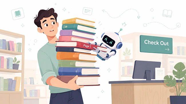 Illustration of a person carrying a tall stack of catalog pages while a small robot pulls out Page 1 near a checkout counter representing how AI prioritizes the most structured and accessible catalog content