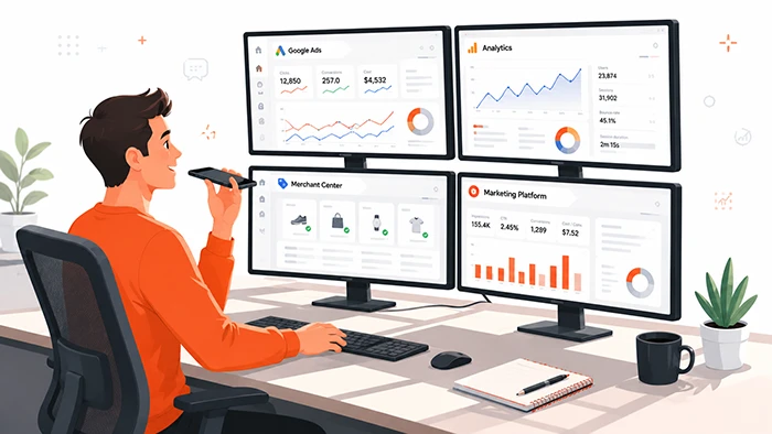 Illustration of a marketer monitoring four screens showing Google Ads, Analytics, Merchant Center, and Marketing Platform representing the unified data view that GML 2026 AI tools are designed to work with