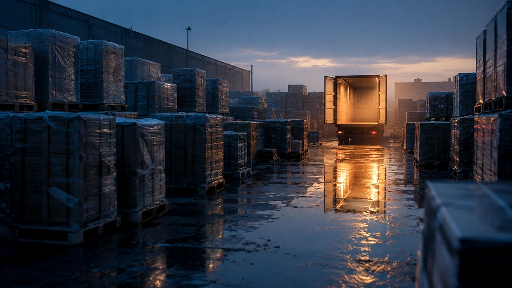 Emptied truck glowing in a cargo yard where every pallet is still sealed and untouched