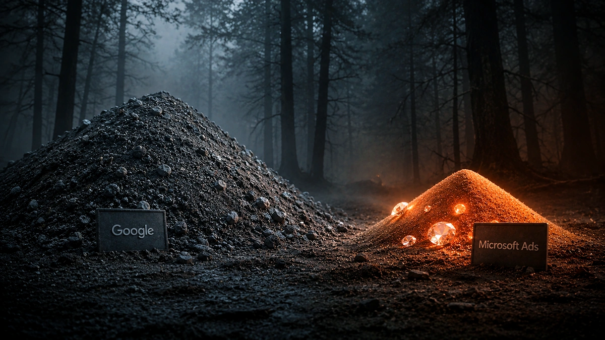 Small Google sand pile crowded with pebbles next to a smaller Microsoft Ads pile full of diamonds