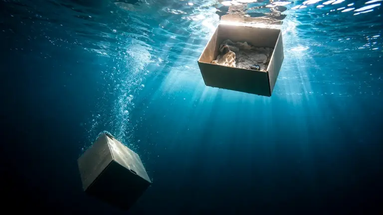 Two identical cardboard boxes underwater, the full one sinking and the empty one floating up