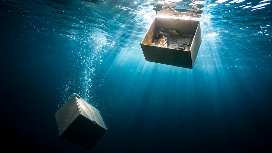 Two identical cardboard boxes underwater, the full one sinking and the empty one floating up