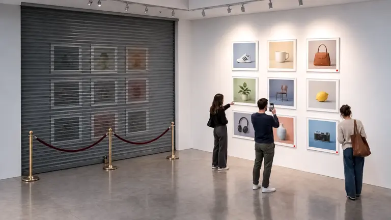 Locked gallery wall of posts while a competitor's open wall attracts buyers and sales